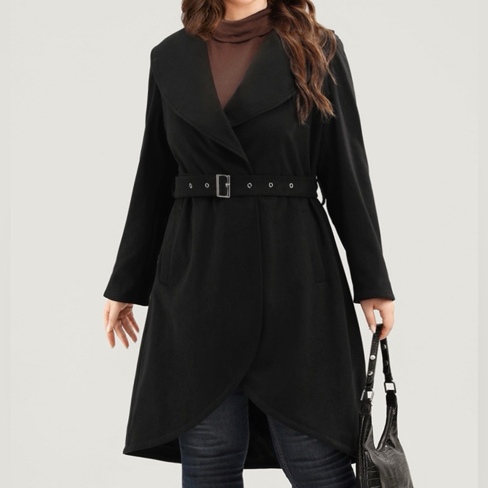 BloomChic Black Lapel Collar Belted Open Front Pocket Coat Plus Size 3X - Picture 1 of 6